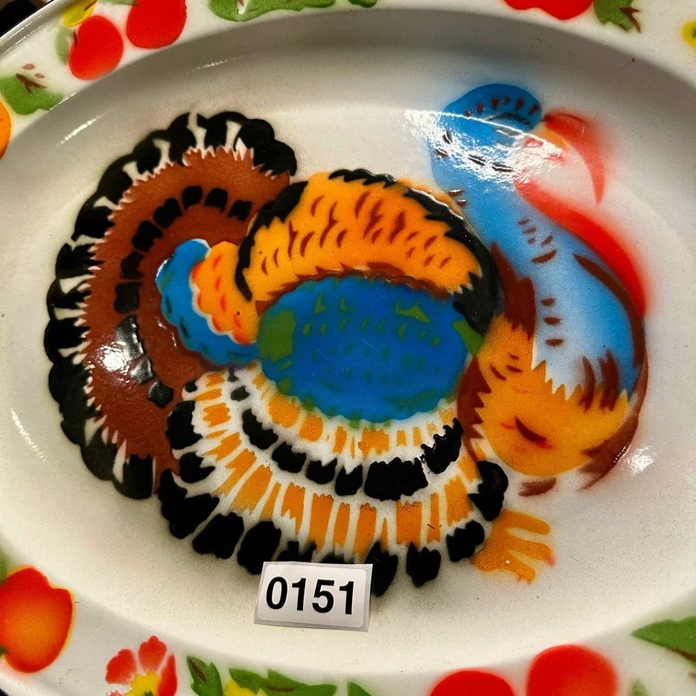Retro Enameled Metal Colorful Turkey Design Platter for Summer or Holiday